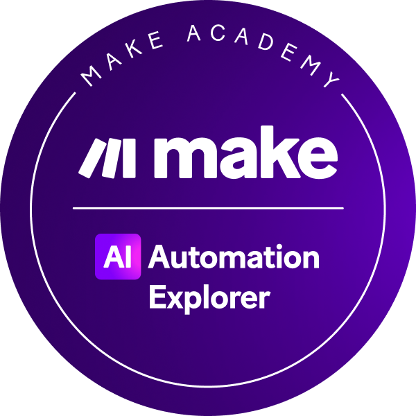 Badge «AI Automation Explorer» di Make